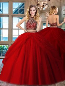 Dynamic Sleeveless Tulle Floor Length Backless Quinceanera Gown in Red with Beading