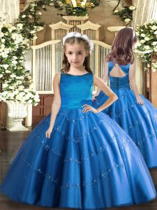 Tulle Scoop Sleeveless Lace Up Beading Child Pageant Dress in Blue