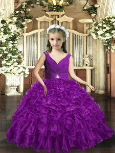 Eggplant Purple Backless V-neck Ruffles Little Girl Pageant Dress Organza Sleeveless