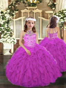 Adorable Fuchsia Sleeveless Beading and Ruffles Floor Length Child Pageant Dress