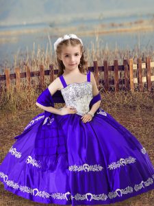Fantastic Floor Length Lace Up Little Girls Pageant Dress Wholesale Purple for Wedding Party with Beading and Embroidery