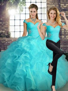 Enchanting Two Pieces 15th Birthday Dress Aqua Blue Off The Shoulder Organza Sleeveless Floor Length Lace Up