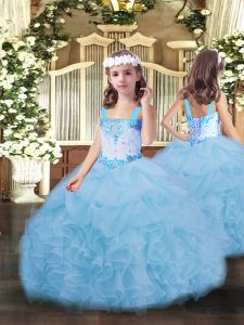 Custom Designed Blue Lace Up Straps Beading and Ruffles and Pick Ups Little Girls Pageant Dress Organza Sleeveless