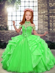 Green Ball Gowns Organza High-neck Sleeveless Beading Floor Length Lace Up Little Girl Pageant Dress