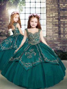 Teal Straps Neckline Beading and Embroidery Little Girl Pageant Dress Sleeveless Lace Up