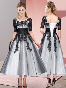 Nice Grey Short Sleeves Beading and Lace Tea Length Quinceanera Court Dresses