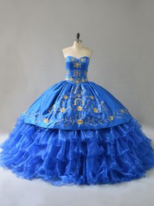 Satin Sleeveless Floor Length Quince Ball Gowns and Embroidery and Ruffles
