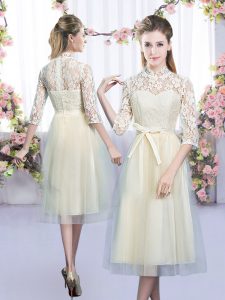 Fashionable Half Sleeves Tulle Tea Length Zipper Dama Dress in Champagne with Lace and Bowknot