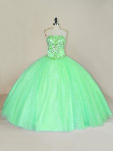 Green Ball Gowns Tulle Strapless Sleeveless Beading and Sequins Floor Length Lace Up 15th Birthday Dress