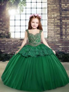 Floor Length Dark Green Kids Formal Wear Tulle Sleeveless Beading and Lace
