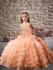 Beading and Ruffled Layers Kids Formal Wear Orange Lace Up Sleeveless Brush Train