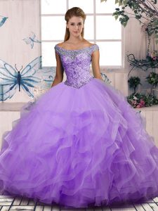 Best Ball Gowns 15th Birthday Dress Lavender Off The Shoulder Tulle Sleeveless Floor Length Lace Up