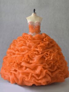 Orange Ball Gowns Beading and Pick Ups Sweet 16 Dress Lace Up Organza Sleeveless Floor Length