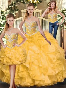 High Quality Gold Ball Gowns Sweetheart Sleeveless Organza Floor Length Lace Up Beading and Ruffles 15th Birthday Dress