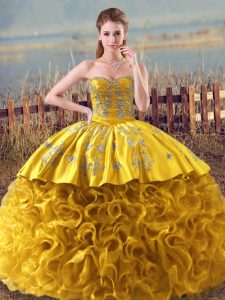 Flare Gold Ball Gowns Fabric With Rolling Flowers Sweetheart Sleeveless Embroidery and Ruffles Floor Length Lace Up 15 Quinceanera Dress