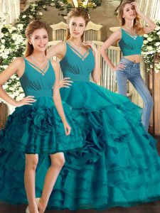 Attractive V-neck Sleeveless Backless Quince Ball Gowns Teal Organza