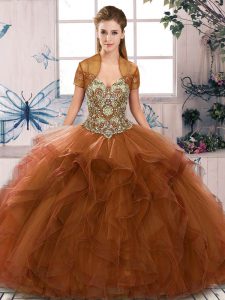 Perfect Sleeveless Floor Length Beading and Ruffles Lace Up Quinceanera Gowns with Brown