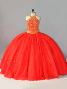 Coral Red Tulle Lace Up Halter Top Sleeveless Floor Length Sweet 16 Quinceanera Dress Beading