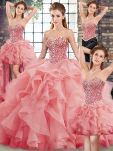 Ideal Watermelon Red Sweetheart Neckline Beading and Ruffles Sweet 16 Quinceanera Dress Sleeveless Lace Up