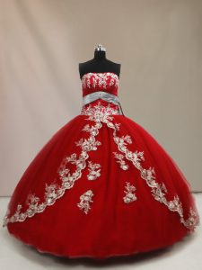 Sleeveless Tulle Floor Length Lace Up Ball Gown Prom Dress in Red with Appliques