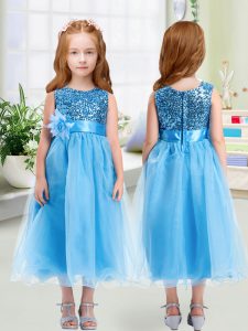 Baby Blue Organza Zipper Scoop Sleeveless Tea Length Little Girl Pageant Gowns Sequins and Hand Made Flower
