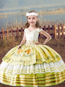 Yellow Lace Up Little Girl Pageant Dress Embroidery Sleeveless Floor Length