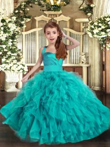 Aqua Blue Sleeveless Tulle Lace Up Little Girls Pageant Dress for Party and Wedding Party