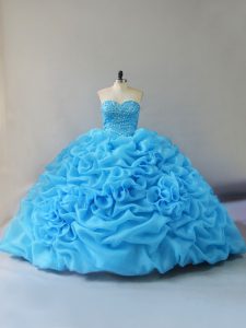 Baby Blue Ball Gowns Beading and Pick Ups and Hand Made Flower 15th Birthday Dress Lace Up Organza Sleeveless