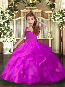 Floor Length Lace Up Pageant Gowns For Girls Fuchsia for Party and Sweet 16 and Wedding Party with Ruffles