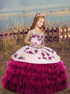 Organza Sleeveless Floor Length Child Pageant Dress and Embroidery and Ruffles