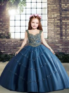 Admirable Sleeveless Floor Length Beading Lace Up Little Girls Pageant Dress with Blue