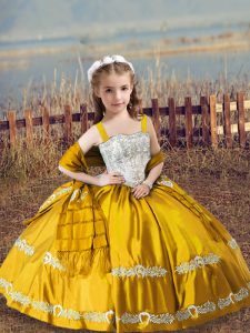 Ball Gowns Kids Formal Wear Gold Straps Satin Sleeveless Floor Length Lace Up