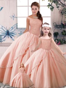 Peach Sleeveless Beading Lace Up 15th Birthday Dress