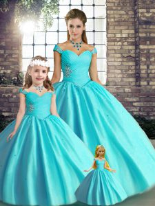 Off The Shoulder Sleeveless Lace Up Quince Ball Gowns Aqua Blue Tulle