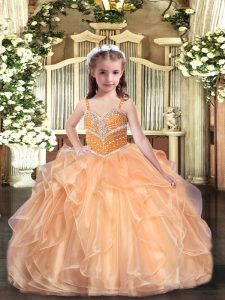 Floor Length Ball Gowns Sleeveless Peach Kids Formal Wear Lace Up