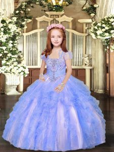 Customized Blue And White Little Girls Pageant Dress Party and Sweet 16 and Wedding Party with Beading and Ruffles Straps Sleeveless Lace Up