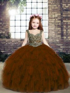 Brown Sleeveless Tulle Lace Up Little Girl Pageant Dress for Wedding Party