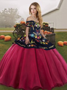 Ball Gowns Quinceanera Dresses Red And Black Off The Shoulder Tulle Sleeveless Floor Length Lace Up