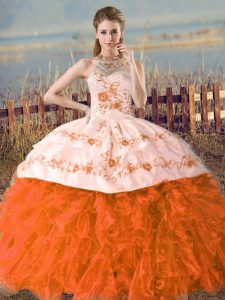 Orange and Rust Red Ball Gowns Halter Top Sleeveless Organza Court Train Lace Up Embroidery 15 Quinceanera Dress