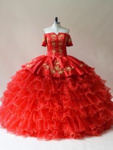 Off The Shoulder Sleeveless Lace Up Quinceanera Gown Red Organza