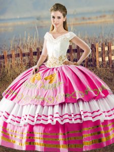 Clearance Hot Pink V-neck Neckline Embroidery and Ruffled Layers Quinceanera Dress Sleeveless Lace Up