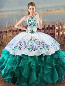Turquoise Organza Lace Up Halter Top Sleeveless Floor Length Ball Gown Prom Dress Embroidery and Ruffles