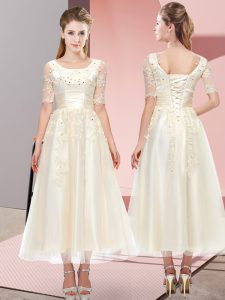 Beading and Lace Dama Dress Champagne Lace Up Short Sleeves Tea Length