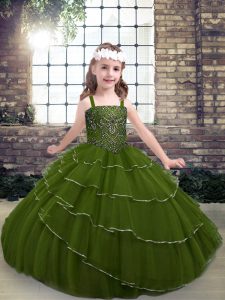 Ball Gowns Little Girls Pageant Dress Wholesale Olive Green Straps Tulle Sleeveless Floor Length Lace Up