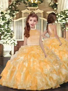 Halter Top Sleeveless Little Girls Pageant Gowns Floor Length Beading and Ruffles Gold Organza