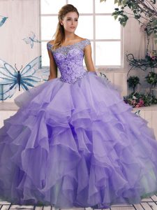 Discount Lavender Sleeveless Organza Lace Up Sweet 16 Quinceanera Dress for Military Ball and Sweet 16 and Quinceanera