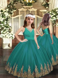 Tulle Sleeveless Floor Length Child Pageant Dress and Embroidery