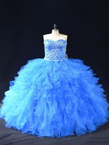 Designer Beading and Ruffles Sweet 16 Quinceanera Dress Blue Lace Up Sleeveless Floor Length