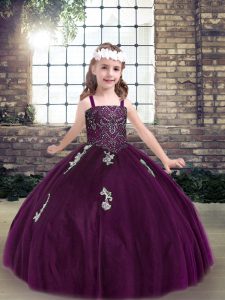 Eggplant Purple Straps Neckline Appliques Pageant Gowns For Girls Sleeveless Lace Up
