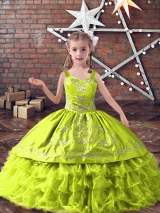 Sleeveless Floor Length Embroidery and Ruffled Layers Lace Up Little Girl Pageant Gowns with Yellow Green